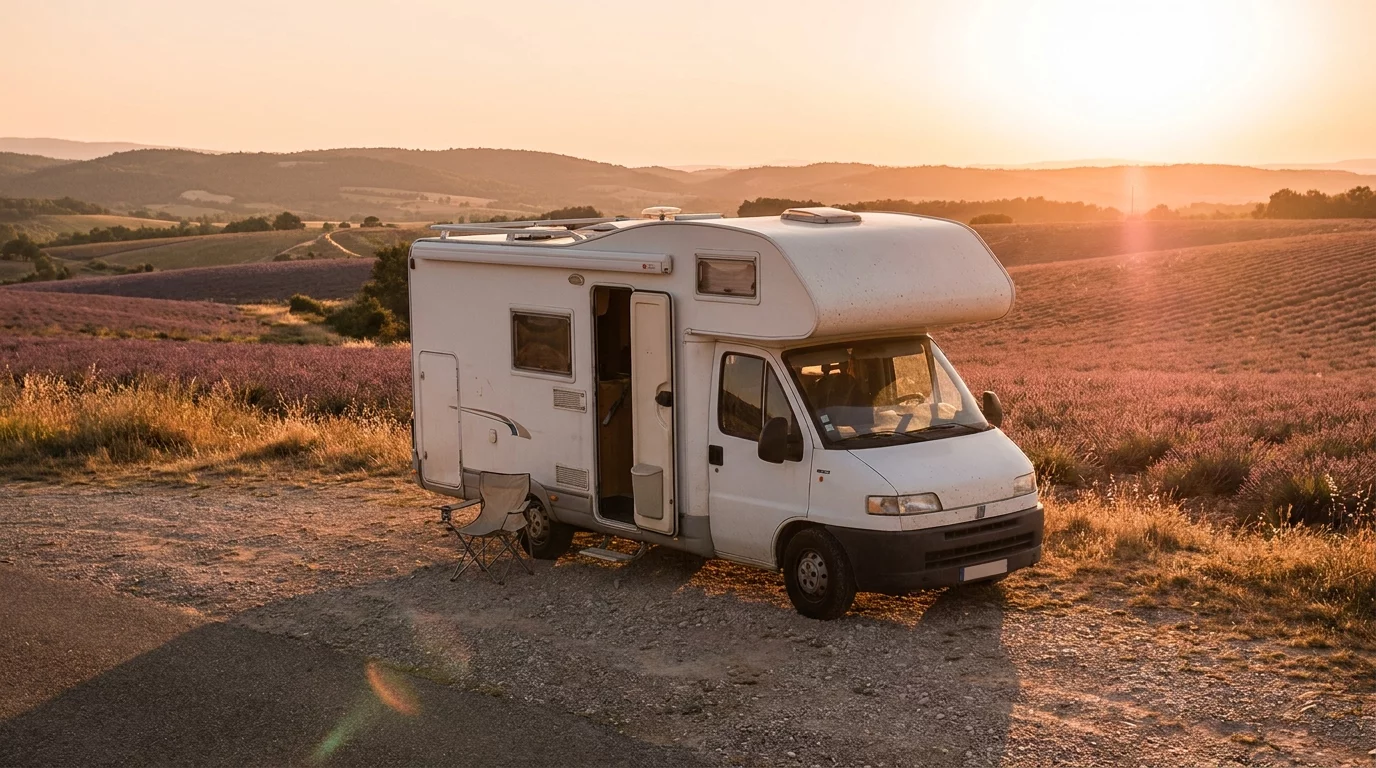 Camping-car stationne dans un paysage naturel francais au coucher du soleil