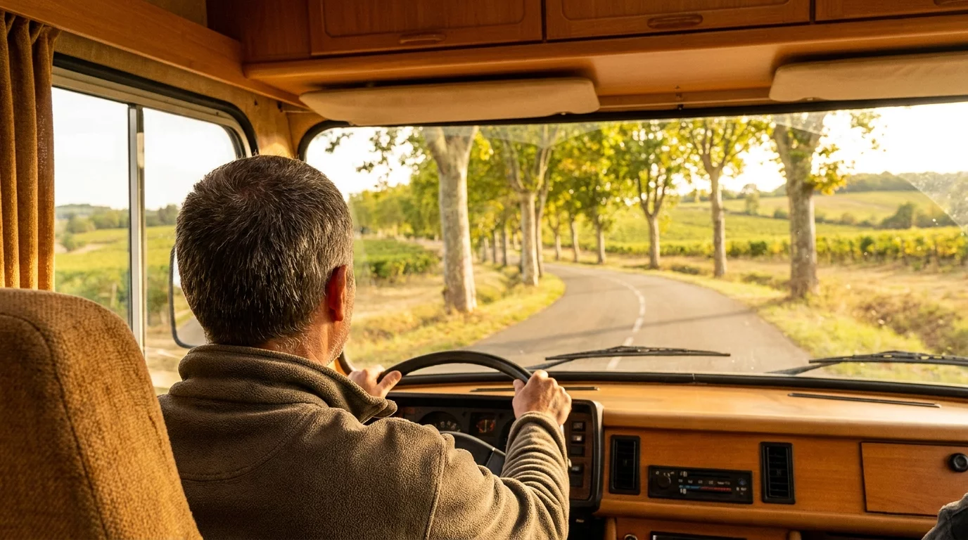 Conducteur souriant au volant d'un camping-car