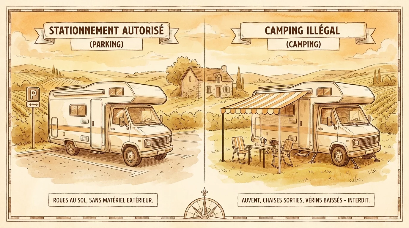 Illustration comparant stationnement legal et camping interdit