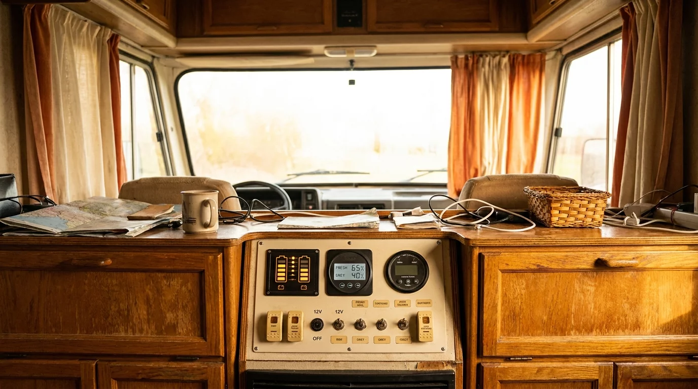 Interieur camping-car avec panneau de controle batterie et jauge eau
