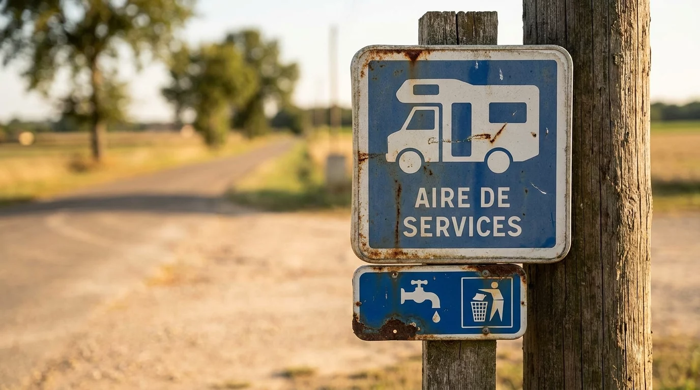 Panneau de signalisation aire camping-car avec pictogrammes reglementaires